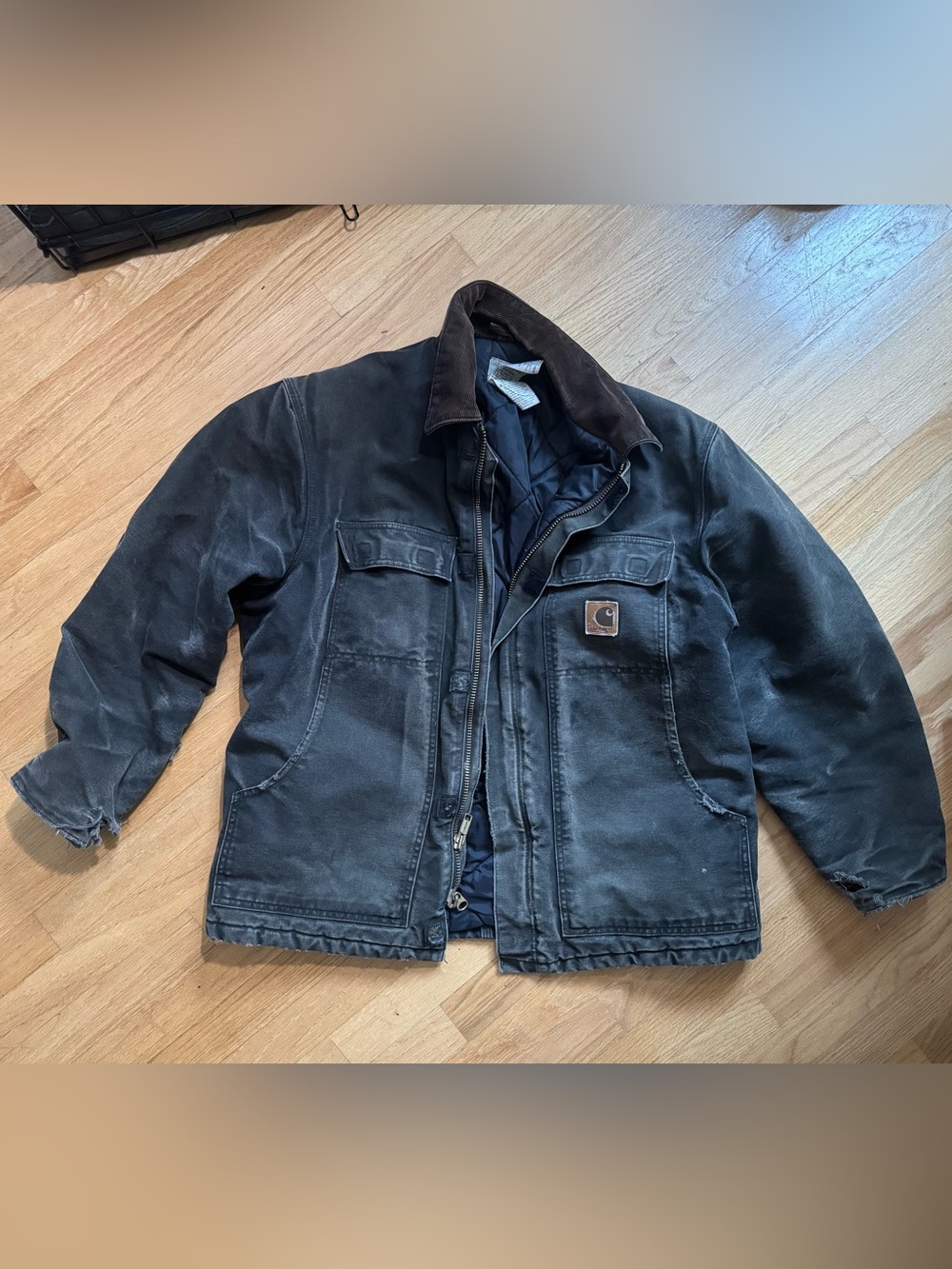 Vintage Carhartt Black Workwear Distressed Jacket with Brown Corduroy Collar - Picture 3 of 9